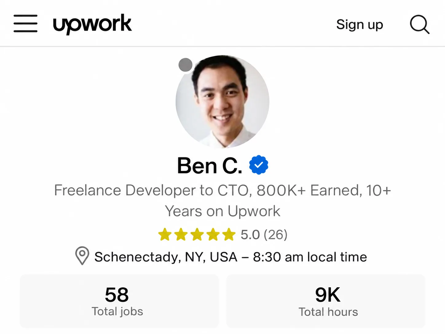 Upwork profile screenshot for the From Upwork to CTO feature